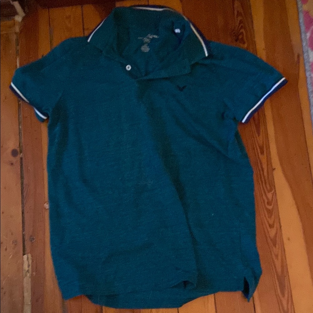 American Eagle Outfitters dark green Teal short sleeve Polo Shirt White Trim